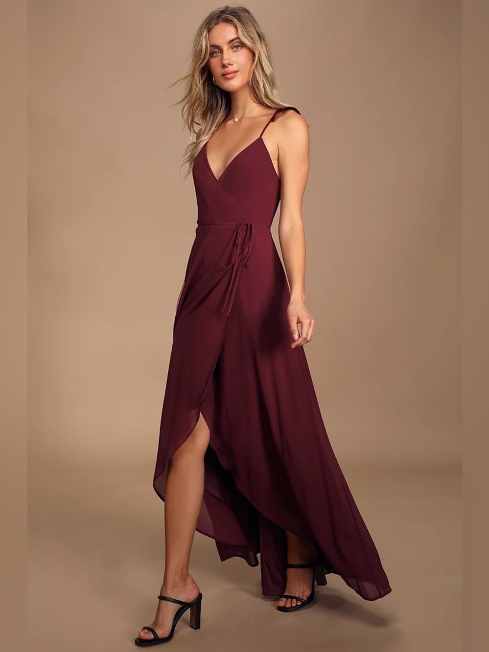 ♥️ NWT Lulus Here’s to Us Burgundy Wrap Maxi Dress Wedding Guest Fairy Flowy